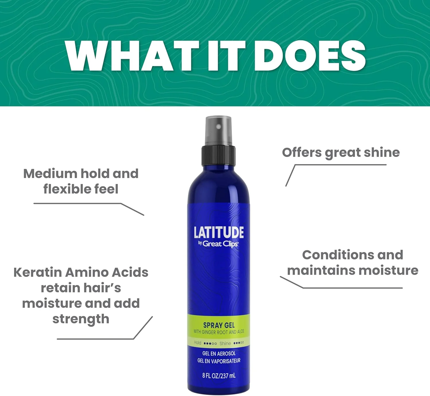 ژل موی اسپری GREAT CLIPS LATITUDE | ژل مو برای آقایان | حالت دهی متوسط + درخشش متوسط | 236 میلی لیتر