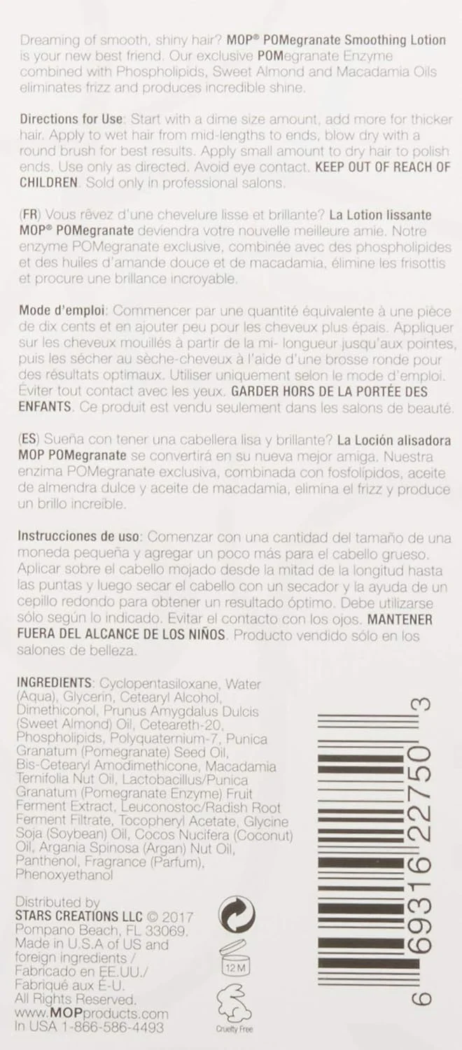 لوسیون صاف کننده مو انار MOP - مناسب موهای متوسط تا ضخیم - محافظت طبیعی در برابر اشعه ماوراء بنفش و حرارت - برای موهای براق و بدون وز - 100% وگان، بدون سولفات، پارابن، کلرید سدیم و گلوتن - 125 میلی لیتر