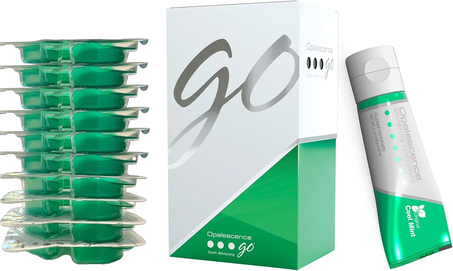 Opalescence GO 15% (10 درمان) سینی های سفید کننده دندان از پیش پر شده اصلی به همراه خمیر دندان سفید کننده مسافرتی 1.0 اونس. هیدروژن پراکسید - نعناع خنک - ساخت Ultradent.