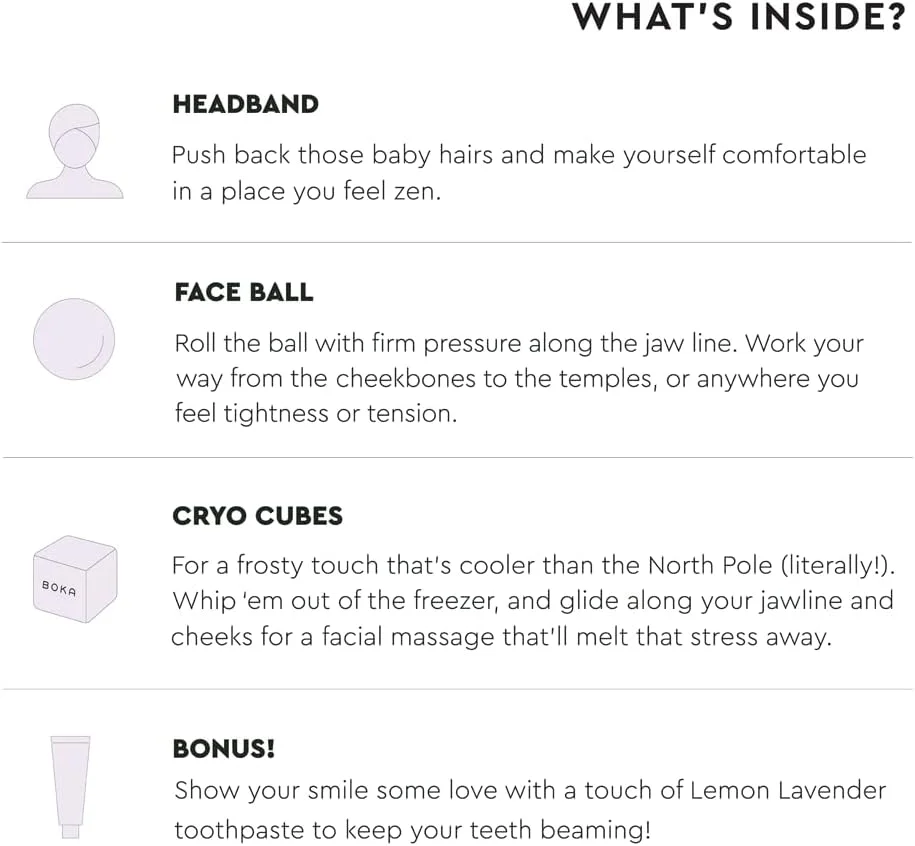 ست رفع تنش صورت و فک Boka JawSpa به همراه توپ صورت، 2 مکعب کرایو، هدبند، کیف مسافرتی و خمیر دندان نانو هیدروکسی آپاتیت (n-Ha) با طعم لیمو لوندر سایز مسافرتی