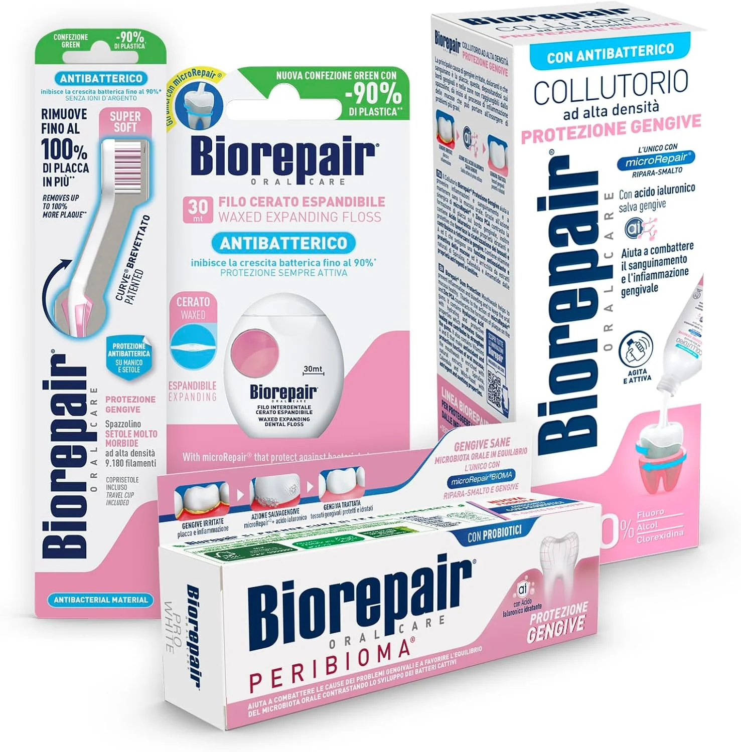 کیت مراقبت از دهان و لثه Biorepair، مسواک با رنگ تصادفی، خمیر دندان، نخ دندان منبسط شونده، دهانشویه