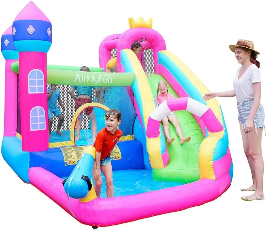قلعه بادی سرسره آبی AirMyFun مدل Pink Princess مناسب کودکان بزرگ 8 تا 12 سال با سرسره بلند و تفنگ آبپاش برای حیاط خلوت