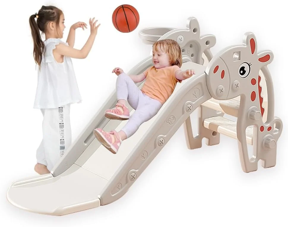 سرسره و صخره نوردی کودک AM ANNA به همراه حلقه و توپ بسکتبال، مجموعه بازی سرپوشیده و فضای باز برای کودکان، سرهم بندی آسان با شیب سرسره طولانی، هدیه خاکستری