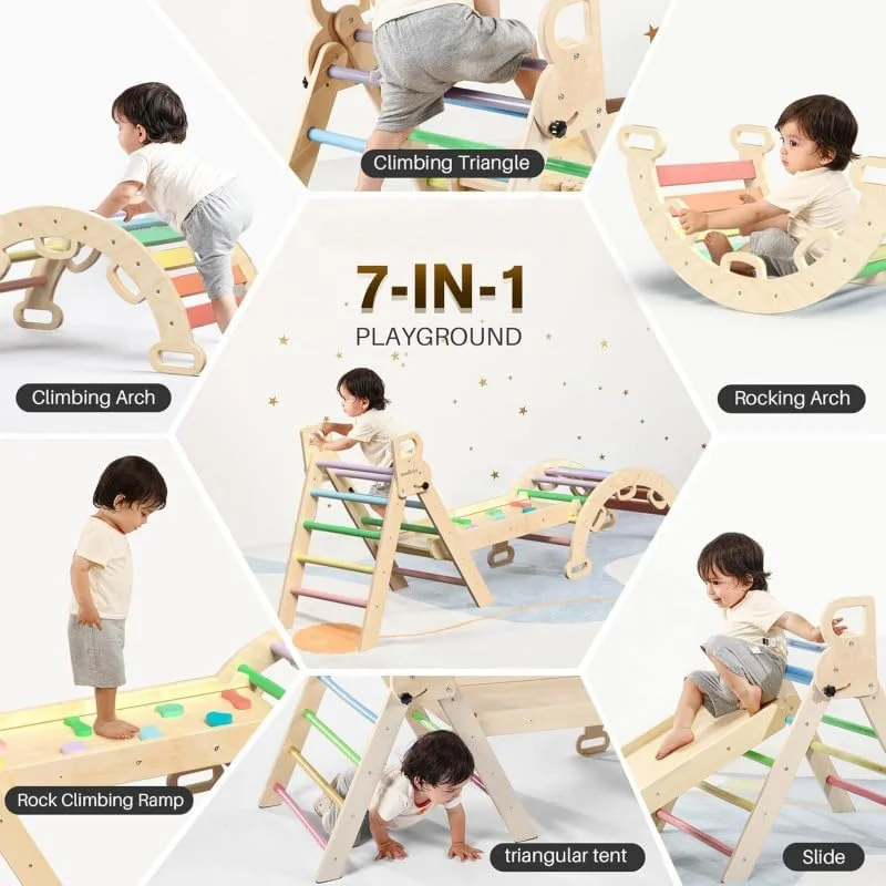 مجموعه اسباب بازی های صعود AM ANNA برای کودکان نوپا، مجموعه مثلث پیکلر تاشو چوبی با قوس و سطح شیب دار، مثلث صعود، صخره نوردی، سرسره، الاکلنگ، اسباب بازی های صعود زمین بازی داخلی و خارجی برای کودکان نوپا