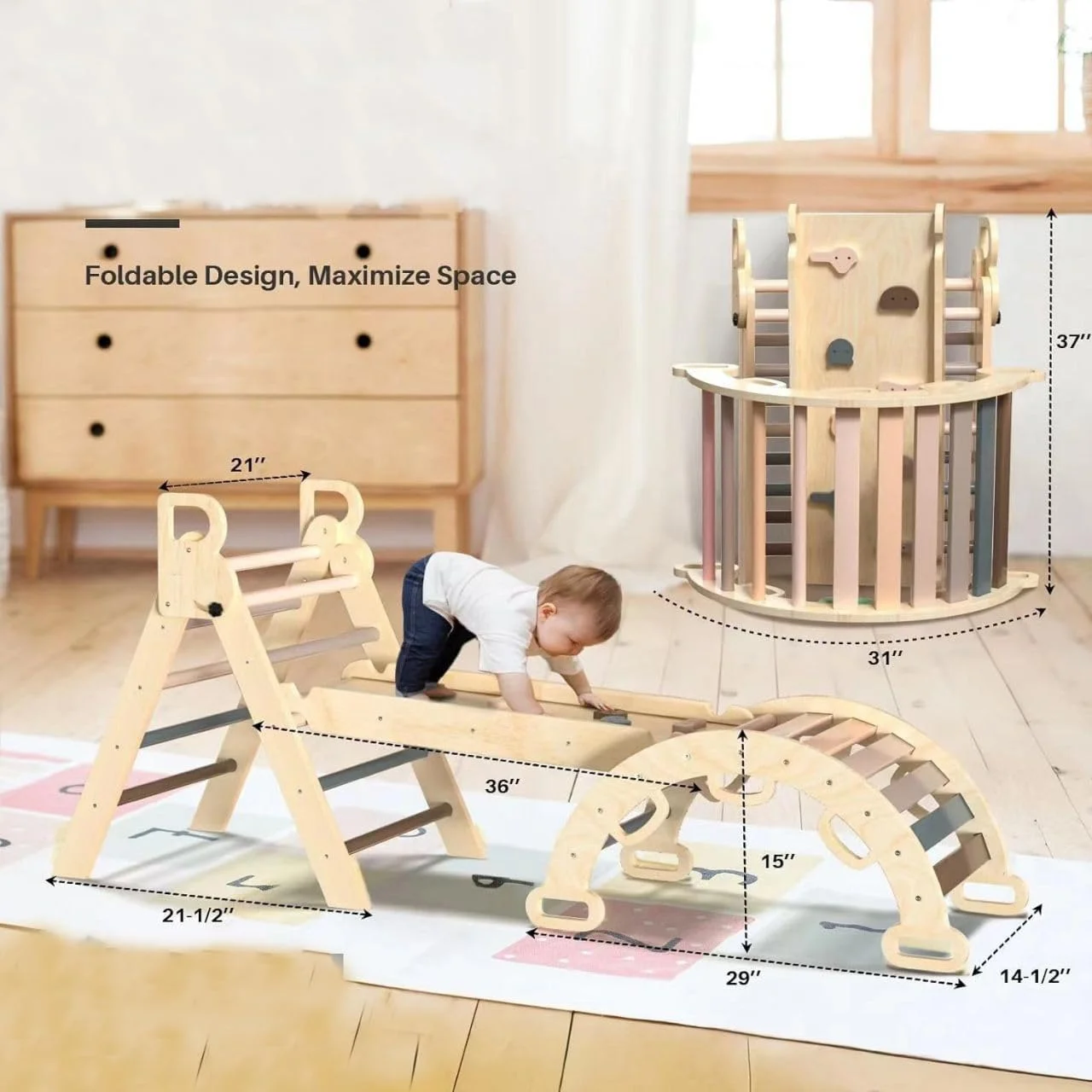 مجموعه اسباب بازی های صعود AM ANNA برای کودکان نوپا، مجموعه مثلث پیکلر تاشو چوبی با قوس و سطح شیب دار، مثلث صعود، صخره نوردی، سرسره، الاکلنگ، اسباب بازی های صعود زمین بازی داخلی و خارجی برای کودکان نوپا