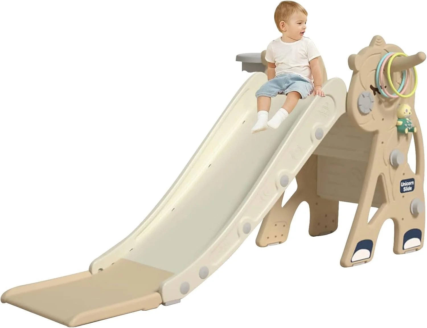 سرسره کودک 3 در 1 Beauenty، مجموعه بازی سرسره تاشو بزرگ سرپوشیده کودکان، سرسره کودک با صخره نوردی، حلقه بسکتبال، پرتاب حلقه، دستگاه داستان، مناسب برای پسران و دختران 2-5 ساله (خاکی)