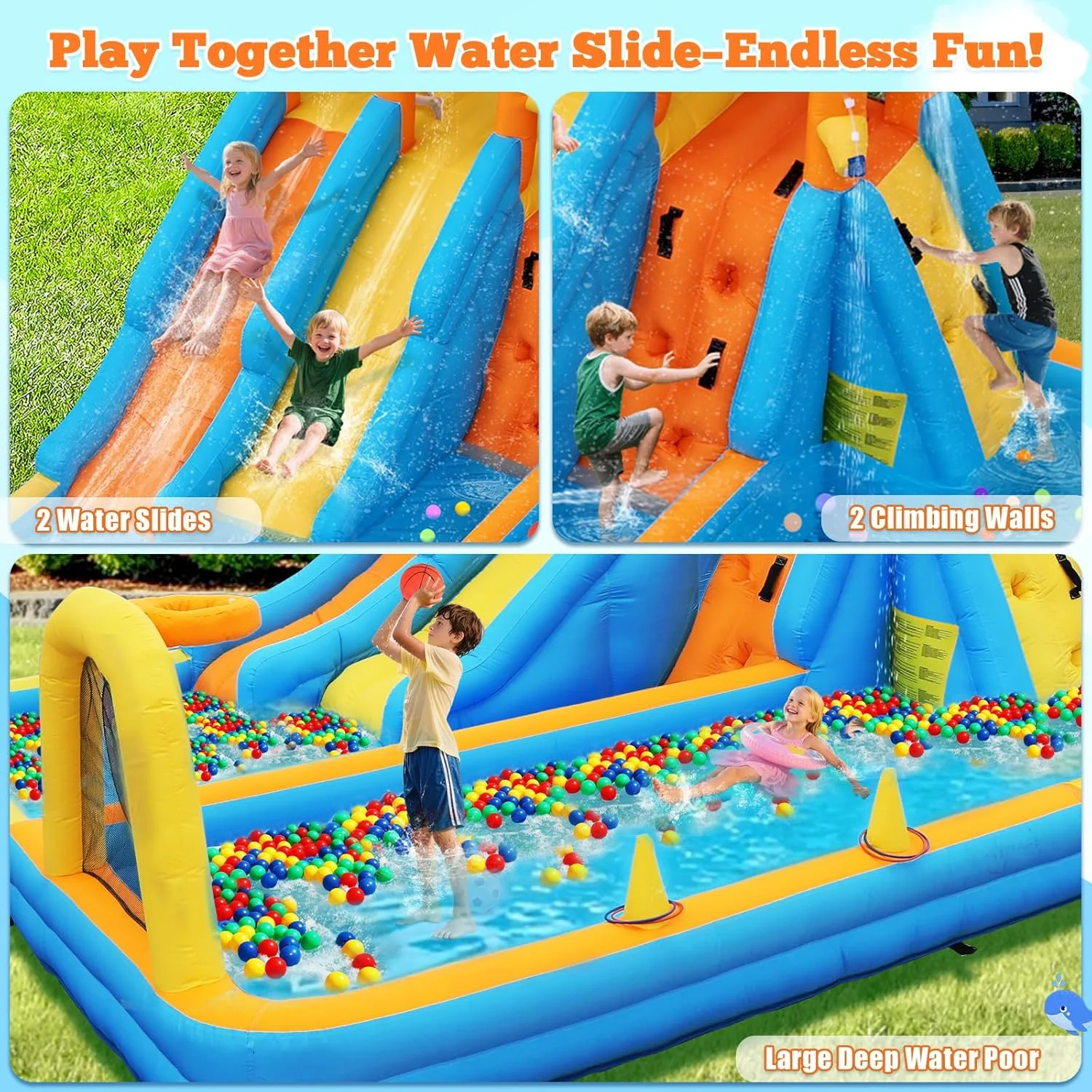 سرسره آبی بادی AONESY، خانه بادی 10 در 1 با دو سرسره آبی برای کودکان، مناسب حیاط خلوت، داخل و خارج از خانه، پارک استخر خانه بادی سرسره آبی با دمنده، مخزن آب، دیوار صخره نوردی، دروازه فوتبال سرسره آبی بادی AONESY، خانه بادی 10 در 1 با دو سرسره آبی برای کودکان، مناسب حیاط خلوت، داخل و خارج از خانه، پارک استخر خانه بادی سرسره آبی با دمنده، مخزن آب، دیوار صخره نوردی، دروازه فوتبال