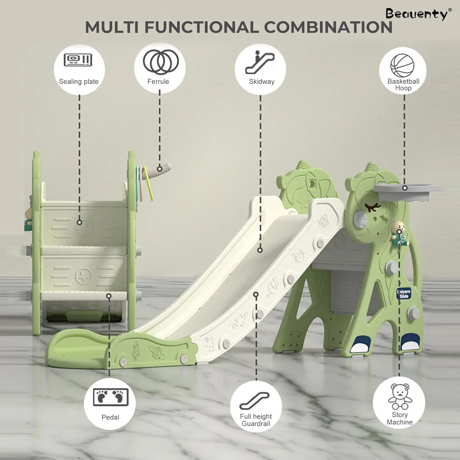 سرسره کودک 3 در 1 Beauenty، مجموعه بازی سرسره تاشو بزرگ سرپوشیده کودکان، سرسره کودک با صخره نوردی، حلقه بسکتبال، پرتاب حلقه، دستگاه داستان، مناسب برای پسران و دختران 2-5 ساله (خاکی)