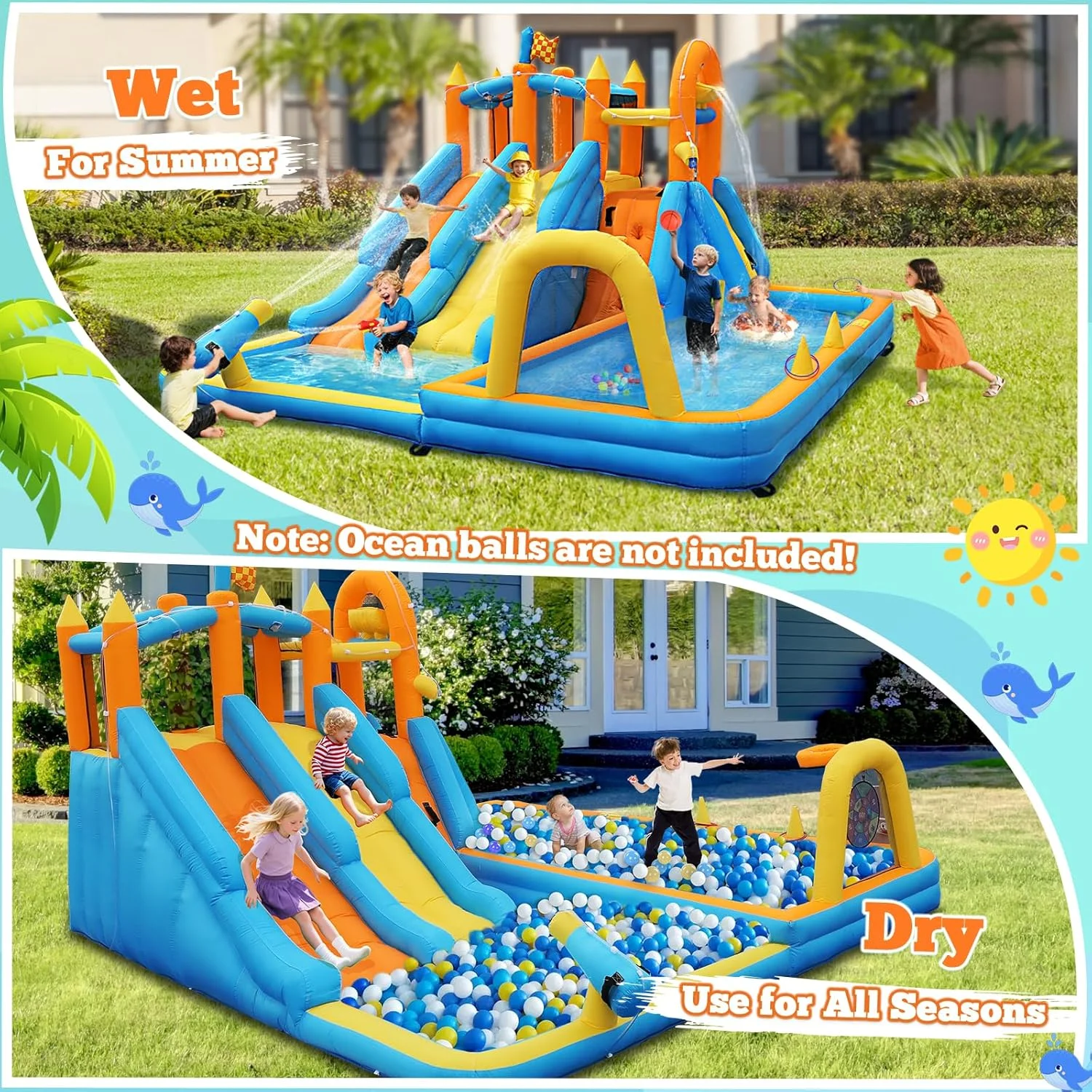 سرسره آبی بادی AONESY، خانه بادی 10 در 1 با دو سرسره آبی برای کودکان، مناسب حیاط خلوت، داخل و خارج از خانه، پارک استخر خانه بادی سرسره آبی با دمنده، مخزن آب، دیوار صخره نوردی، دروازه فوتبال سرسره آبی بادی AONESY، خانه بادی 10 در 1 با دو سرسره آبی برای کودکان، مناسب حیاط خلوت، داخل و خارج از خانه، پارک استخر خانه بادی سرسره آبی با دمنده، مخزن آب، دیوار صخره نوردی، دروازه فوتبال