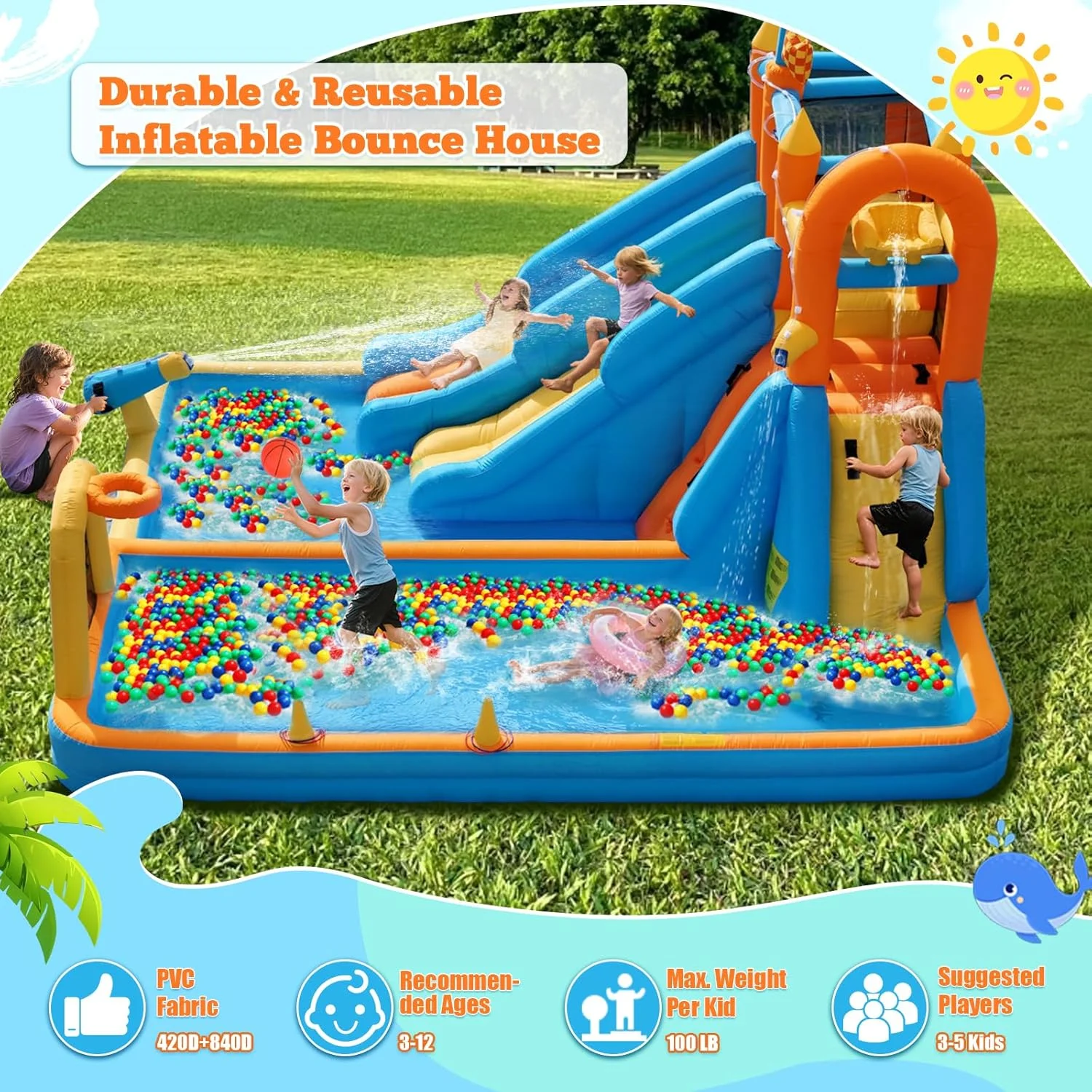 سرسره آبی بادی AONESY، خانه بادی 10 در 1 با دو سرسره آبی برای کودکان، مناسب حیاط خلوت، داخل و خارج از خانه، پارک استخر خانه بادی سرسره آبی با دمنده، مخزن آب، دیوار صخره نوردی، دروازه فوتبال سرسره آبی بادی AONESY، خانه بادی 10 در 1 با دو سرسره آبی برای کودکان، مناسب حیاط خلوت، داخل و خارج از خانه، پارک استخر خانه بادی سرسره آبی با دمنده، مخزن آب، دیوار صخره نوردی، دروازه فوتبال