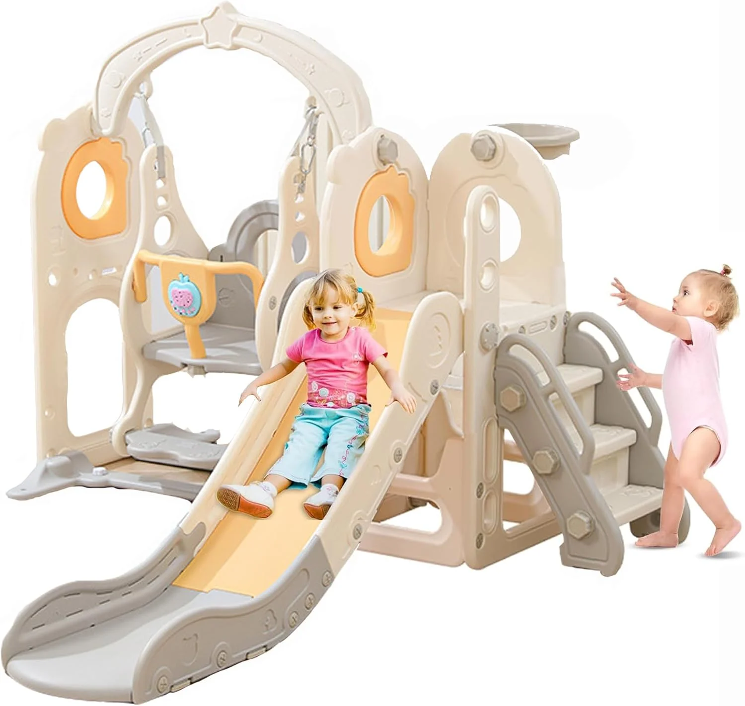 مجموعه سرسره و تاب کودک 5 در 1 AM ANNA، سرسره کودک برای کودکان 1-3 ساله، اسباب بازی های فضای باز کودک با حلقه بسکتبال، زمین بازی کودک در فضای باز و سرپوشیده با تم صخره نوردی (زرد)