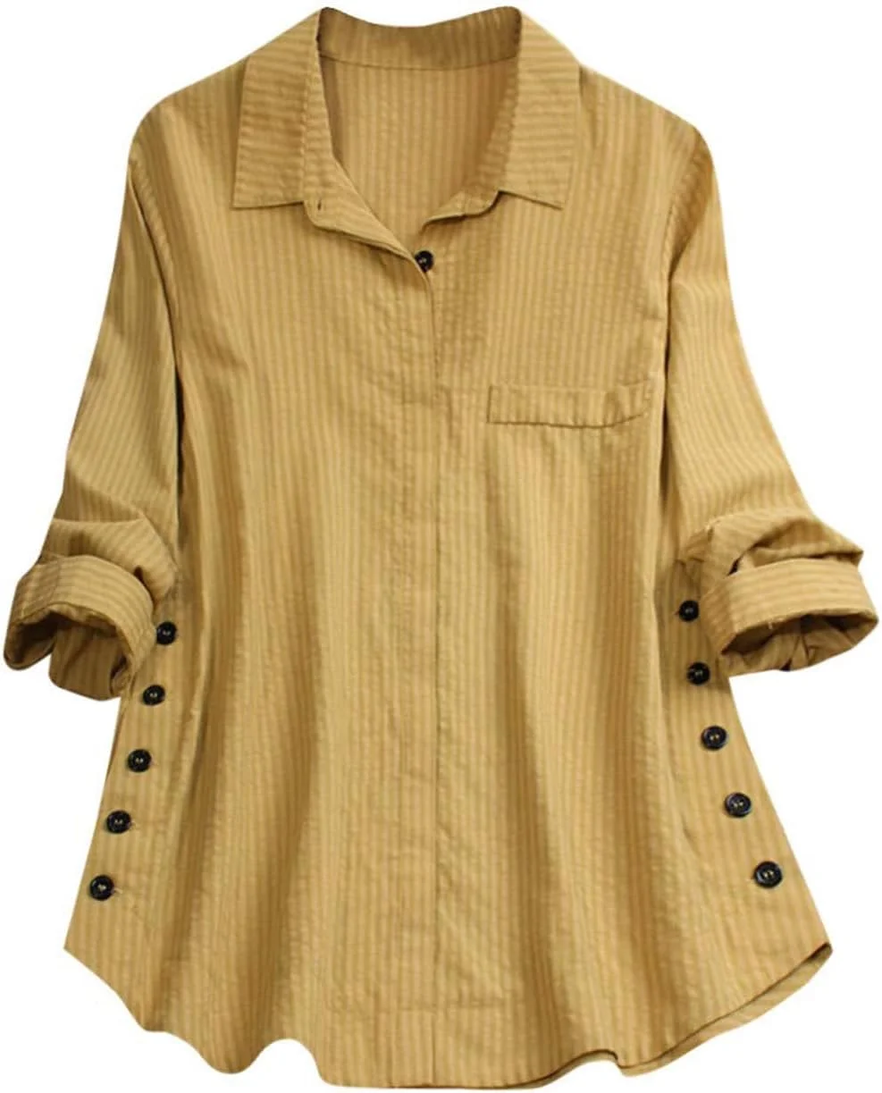 AEAEAE بلوز زنانه آستین بلند دکمه دار راه راه جیب دار کتان سایز بزرگ AEAEAE بلوز زنانه آستین بلند دکمه دار راه راه جیب دار کتان سایز بزرگ