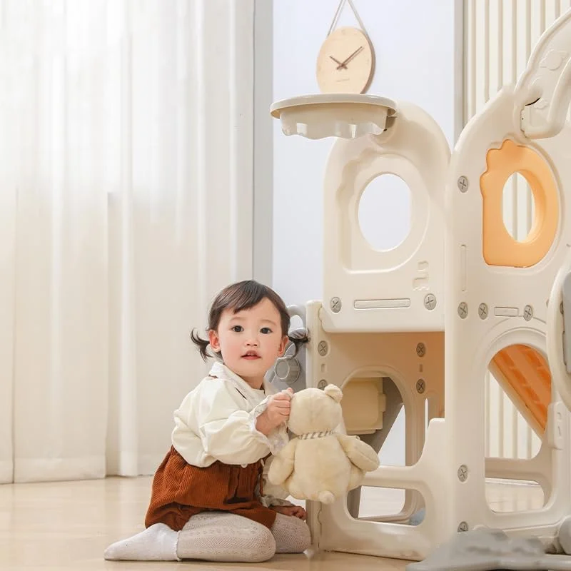 مجموعه سرسره و تاب کودک 5 در 1 AM ANNA، سرسره کودک برای کودکان 1-3 ساله، اسباب بازی های فضای باز کودک با حلقه بسکتبال، زمین بازی کودک در فضای باز و سرپوشیده با تم صخره نوردی (زرد)