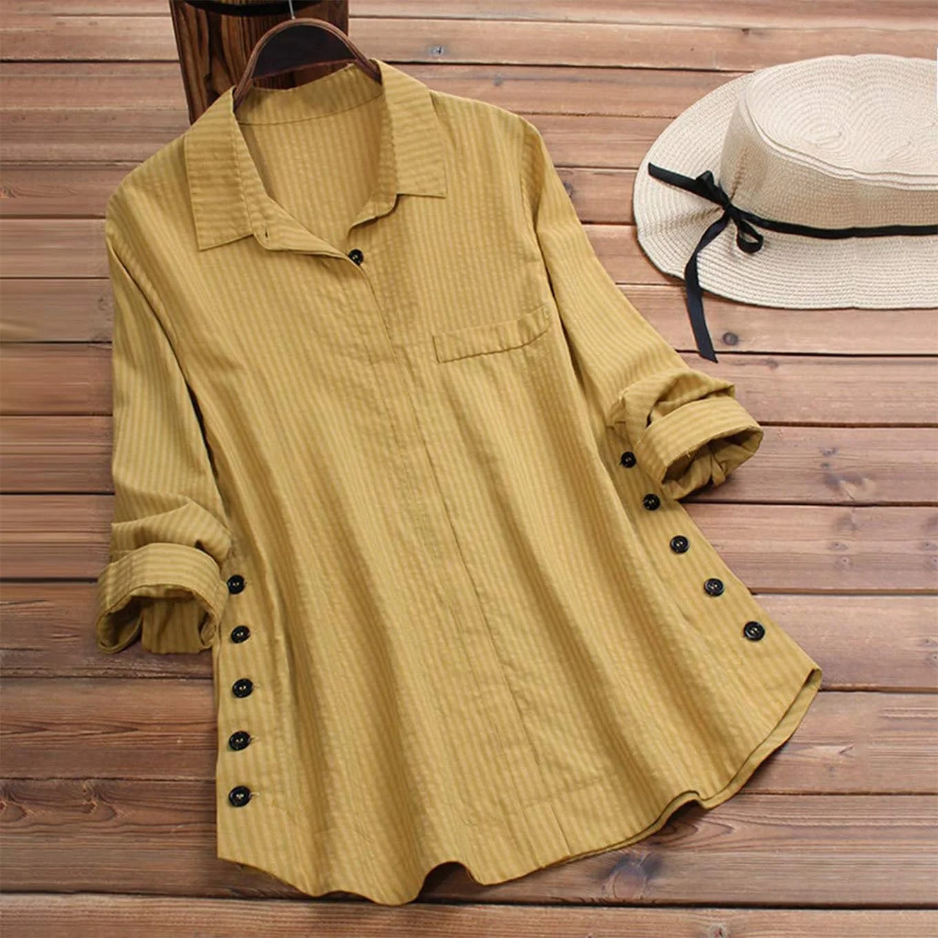 AEAEAE بلوز زنانه آستین بلند دکمه دار راه راه جیب دار کتان سایز بزرگ