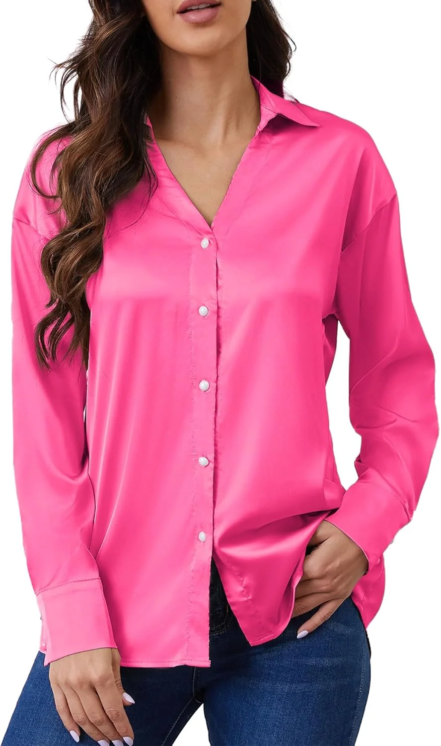 پیراهن زنانه ساتن ابریشمی آچینل، بلوز یقه هفت، دکمه دار، آستین بلند، تاپ غیر رسمی پیراهن زنانه ساتن ابریشمی آچینل، بلوز یقه هفت، دکمه دار، آستین بلند، تاپ غیر رسمی