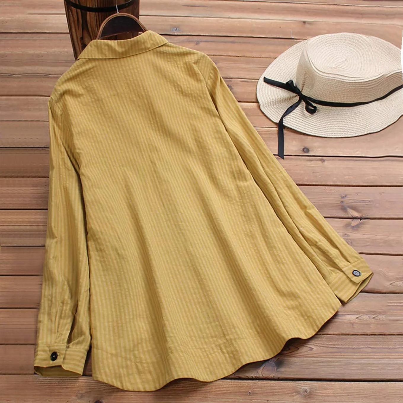 AEAEAE بلوز زنانه آستین بلند دکمه دار راه راه جیب دار کتان سایز بزرگ