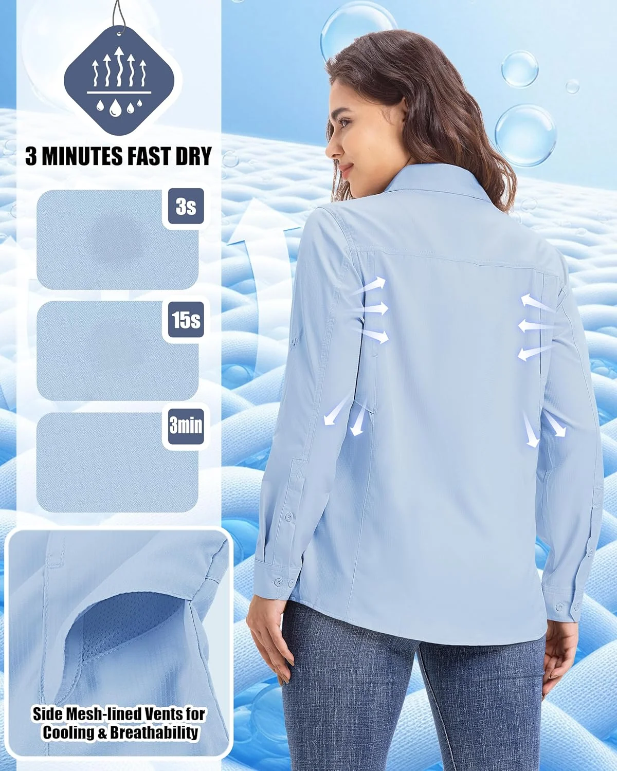 پیراهن سافاری زنانه 33000ft، خشک‌شونده سریع، محافظت در برابر آفتاب، پیراهن ماهیگیری، آستین بلند تنفسی، بلوز پیراهن پیاده‌روی برای پیاده‌روی، کمپینگ و مسافرت