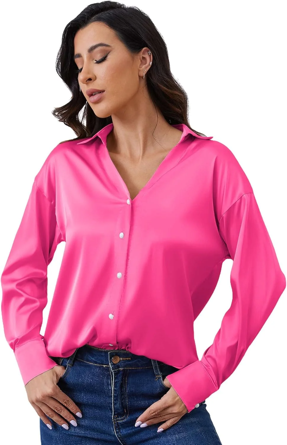 پیراهن زنانه ساتن ابریشمی آچینل، بلوز یقه هفت، دکمه دار، آستین بلند، تاپ غیر رسمی