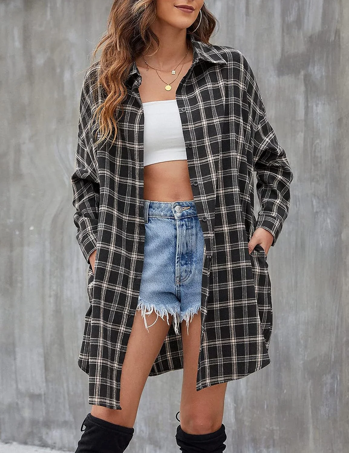 پیراهن های فلانل سایز بزرگ Acesulu زنانه دکمه دار آستین بلند با طرح چهارخانه و جیب