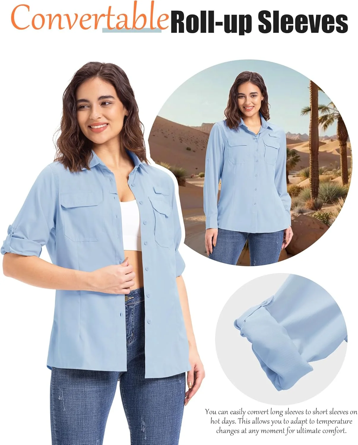 پیراهن سافاری زنانه 33000ft، خشک‌شونده سریع، محافظت در برابر آفتاب، پیراهن ماهیگیری، آستین بلند تنفسی، بلوز پیراهن پیاده‌روی برای پیاده‌روی، کمپینگ و مسافرت