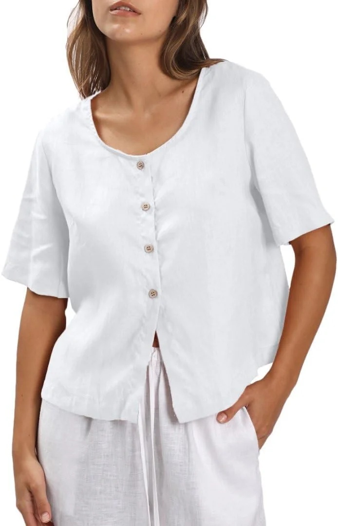 Amazhiyu بلوز زنانه آستین کوتاه 100% لینن، یقه مربعی، دکمه دار، نیم تنه Amazhiyu بلوز زنانه آستین کوتاه 100% لینن، یقه مربعی، دکمه دار، نیم تنه
