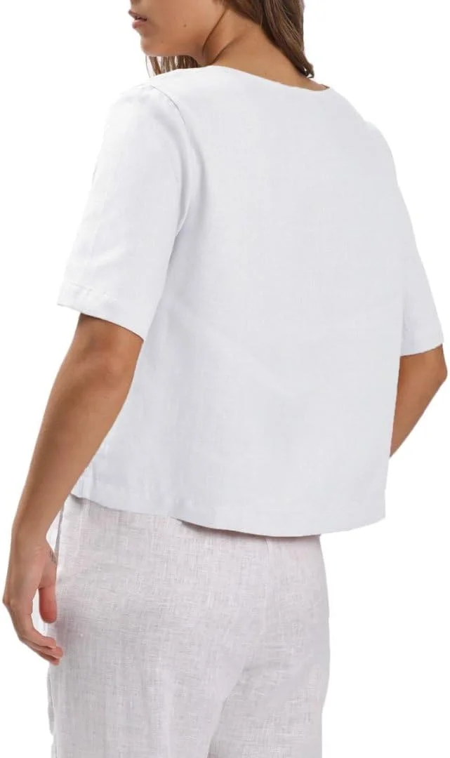 Amazhiyu بلوز زنانه آستین کوتاه 100% لینن، یقه مربعی، دکمه دار، نیم تنه Amazhiyu بلوز زنانه آستین کوتاه 100% لینن، یقه مربعی، دکمه دار، نیم تنه