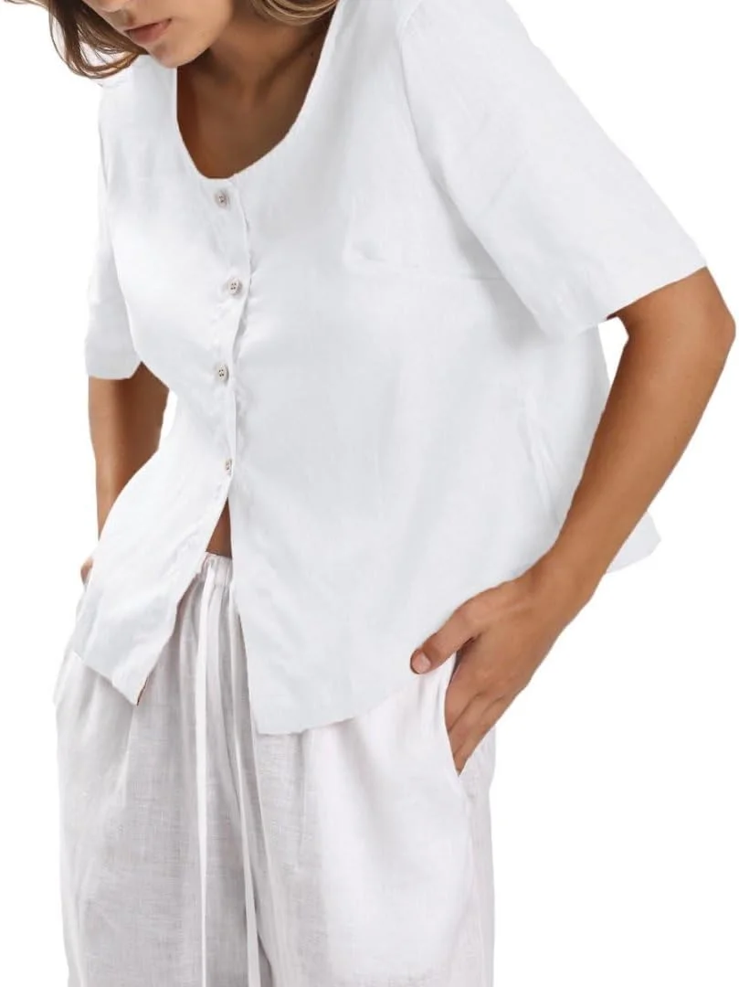 Amazhiyu بلوز زنانه آستین کوتاه 100% لینن، یقه مربعی، دکمه دار، نیم تنه Amazhiyu بلوز زنانه آستین کوتاه 100% لینن، یقه مربعی، دکمه دار، نیم تنه