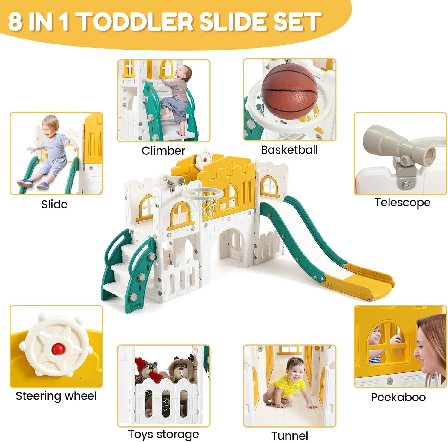 مجموعه سرسره و بازی کودک نوپا GAOMON 8 در 1، مجموعه بازی سرسره سرپوشیده برای کودکان 1-3 ساله، زمین بازی سرپوشیده کودکان با سرسره، حلقه بسکتبال، صخره نوردی، تونل خزیدن، تلسکوپ، محل نگهداری اسباب بازی مجموعه سرسره و بازی کودک نوپا GAOMON 8 در 1، مجموعه بازی سرسره سرپوشیده برای کودکان 1-3 ساله، زمین بازی سرپوشیده کودکان با سرسره، حلقه بسکتبال، صخره نوردی، تونل خزیدن، تلسکوپ، محل نگهداری اسباب بازی