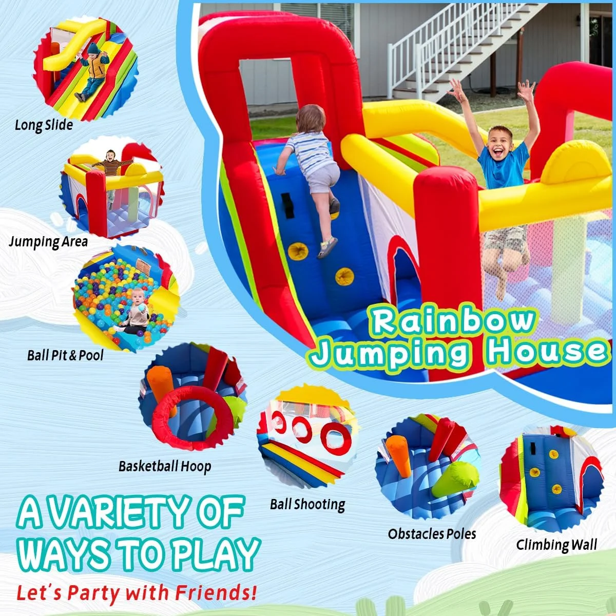 قلعه بادی Hongcoral، قلعه پرشی بادی با دمنده برای کودکان، جامپر بادی با سرسره، دیوار صخره نوردی، موانع، ترامپولین، استخر توپ برای داخل و خارج از خانه