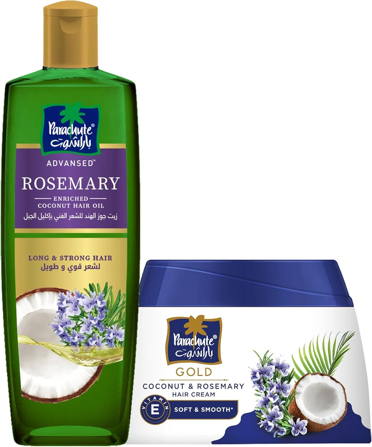 کرم مو نارگیل و رزماری پاراشوت گلد حاوی ویتامین E، نرم و لطیف کننده، 140 میلی لیتر + روغن مو نارگیل غنی شده با رزماری پاراشوت ادونسد برای موهای بلندتر و قوی تر، 200 میلی لیتر