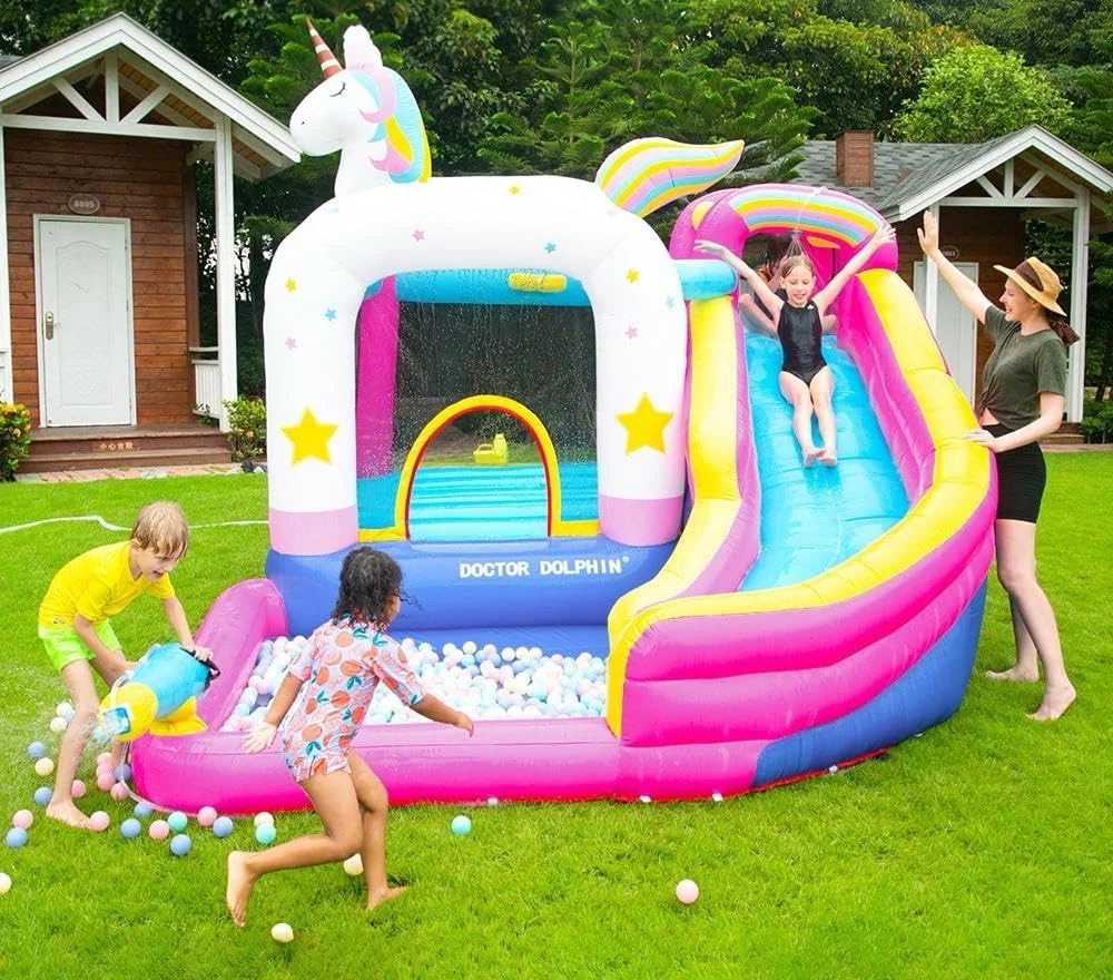 قلعه بادی اسب تک شاخ دکتر دلفین به همراه دمنده، سرسره بادی مناسب کودکان برای فضای باز قلعه بادی اسب تک شاخ دکتر دلفین به همراه دمنده، سرسره بادی مناسب کودکان برای فضای باز