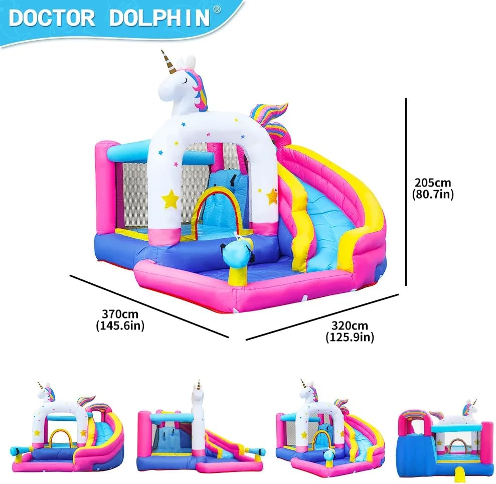 قلعه بادی اسب تک شاخ دکتر دلفین به همراه دمنده، سرسره بادی مناسب کودکان برای فضای باز قلعه بادی اسب تک شاخ دکتر دلفین به همراه دمنده، سرسره بادی مناسب کودکان برای فضای باز