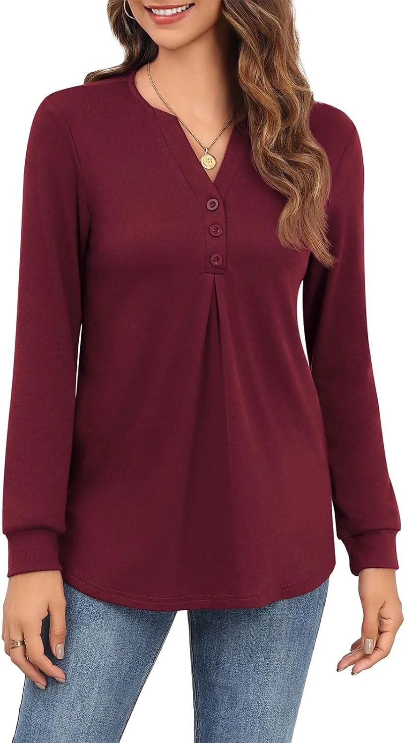 Askyes تاپ آستین بلند زنانه یقه هفت دکمه دار بلوزهای غیر رسمی مناسب کار و شومیزهای هنلی برای لگینگ پاییز و زمستان 2024