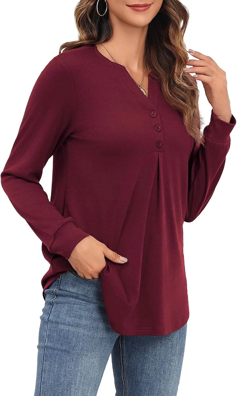 Askyes تاپ آستین بلند زنانه یقه هفت دکمه دار بلوزهای غیر رسمی مناسب کار و شومیزهای هنلی برای لگینگ پاییز و زمستان 2024