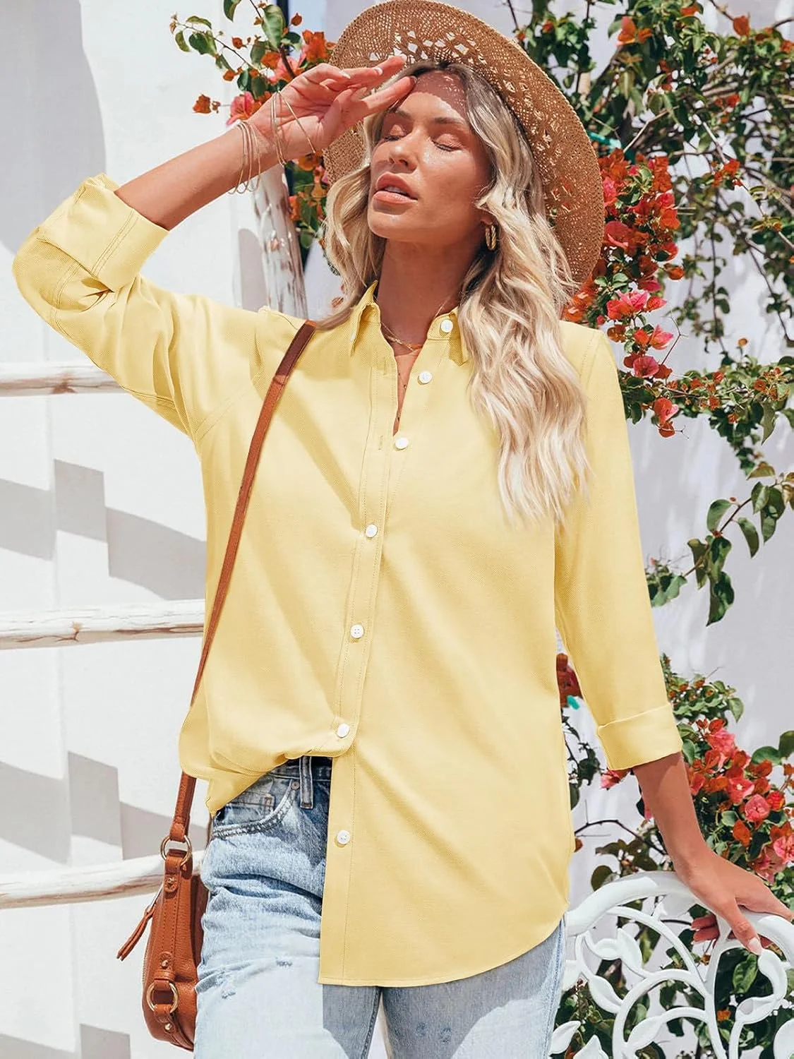 پیراهن آستین بلند زنانه Aoudery، مدل آکسفورد، دکمه دار، مناسب برای محیط کار و استایل کژوال