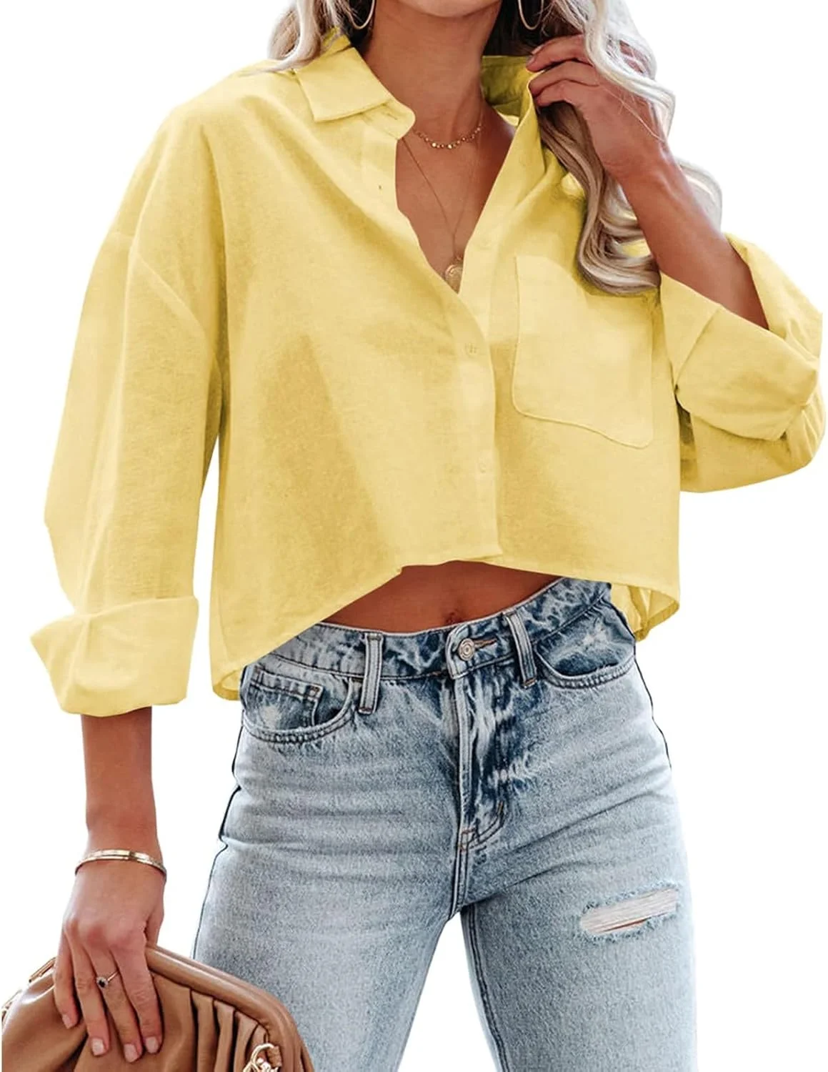 Aqyauyt - بلوز زنانه دکمه دار، آستین بلند، غیر رسمی، بلوز یقه برگردان با جیب سینه
