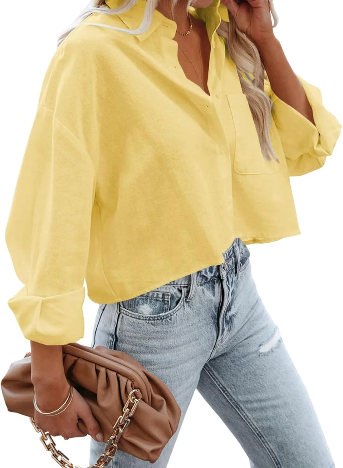 Aqyauyt - بلوز زنانه دکمه دار، آستین بلند، غیر رسمی، بلوز یقه برگردان با جیب سینه