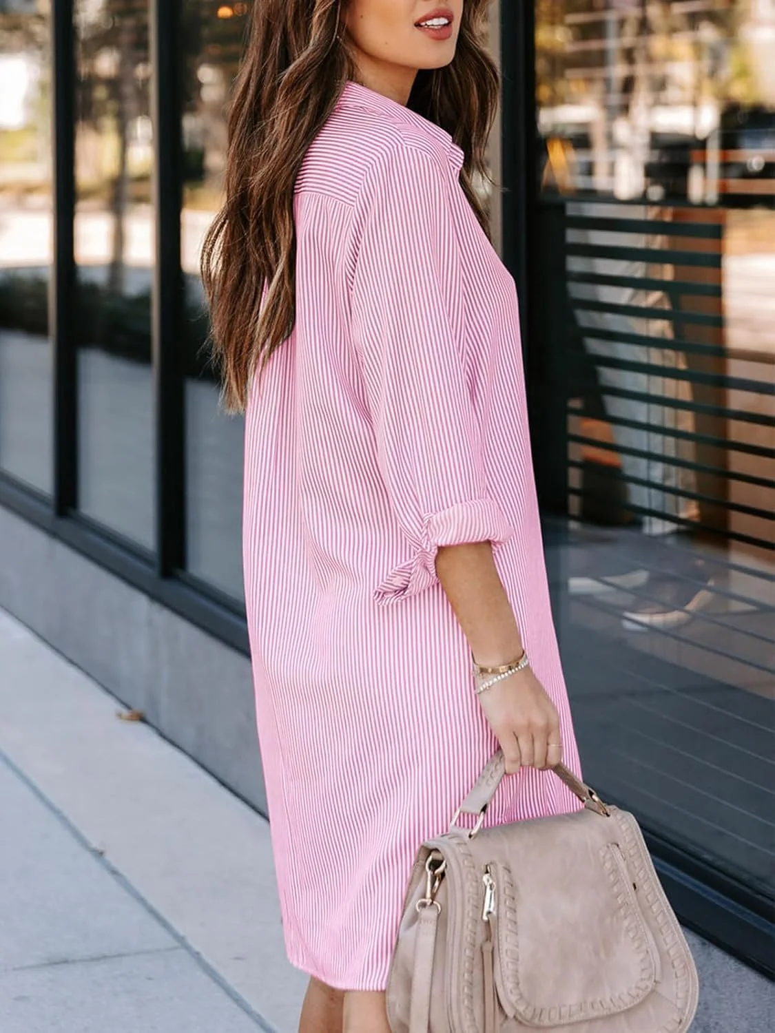 پیراهن زنانه دکمه دار Aoudery با جیب، پیراهن های راه راه نخی، بلوز آستین بلند یقه دار با پایین تنه بلند