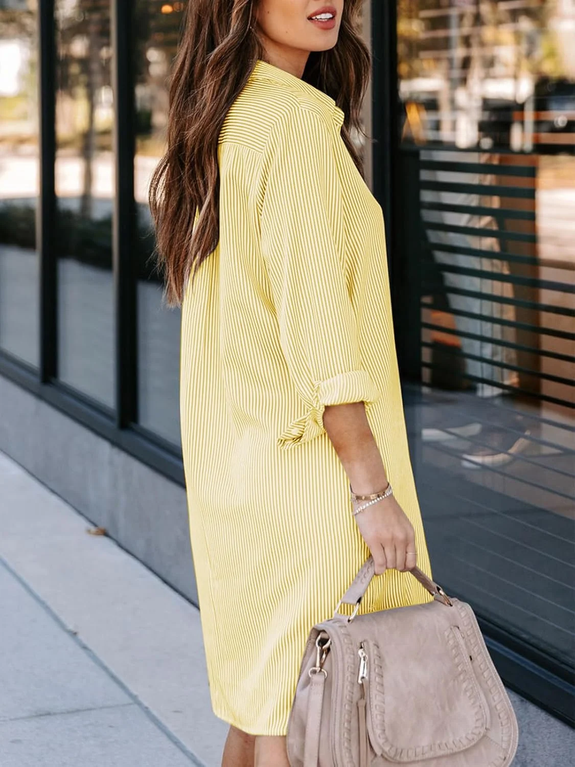 پیراهن زنانه آودری دکمه دار با جیب، پیراهن های راه راه نخی، تونیک یقه دار، آستین بلند، بلوز بلند و کوتاه