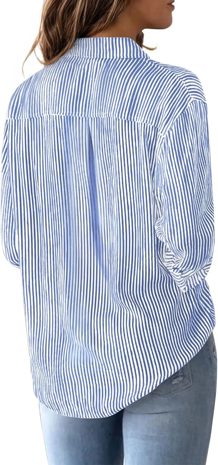 پیراهن راه راه دکمه دار زنانه، پیراهن نخی، بلوز آستین بلند یقه دار، مناسب کار، استایل کژوال و رسمی