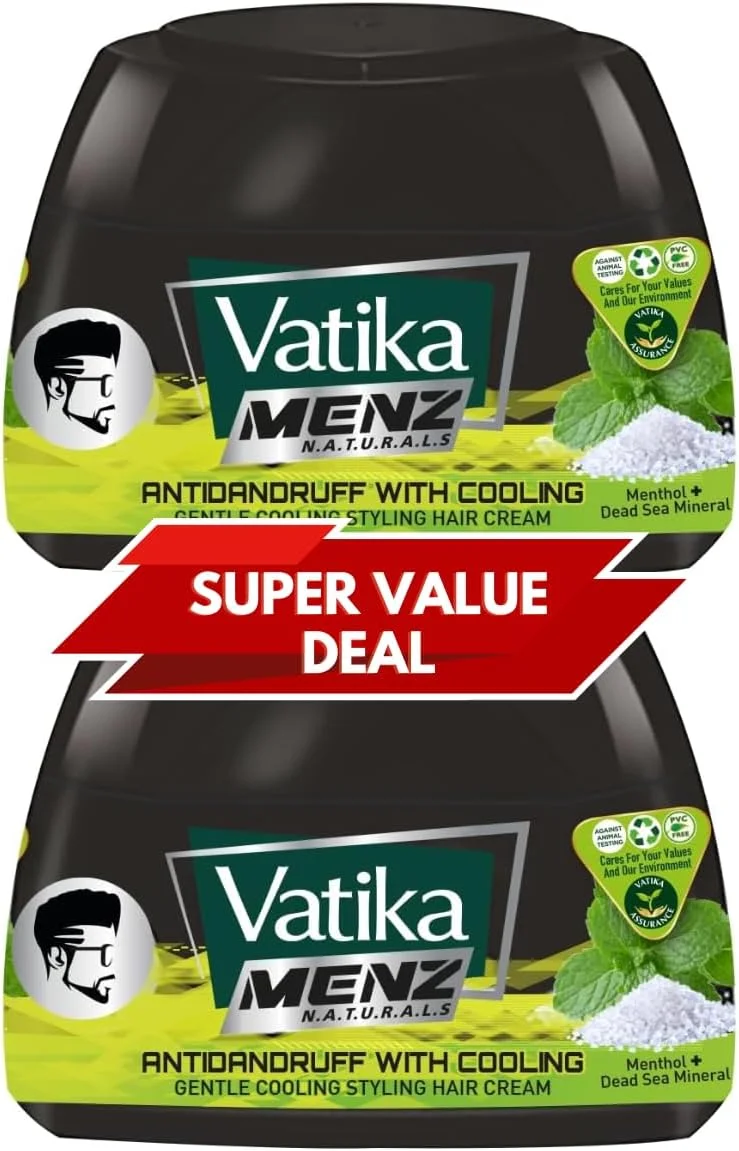 کرم موی حالت دهنده ضد شوره مردانه Vatika Naturals Menz با اثر خنک کننده - 140 میلی لیتر x 2 | غنی شده با منتول و مواد معدنی دریای مرده | با اثر خنک کننده - بسته فوق العاده 2 عددی