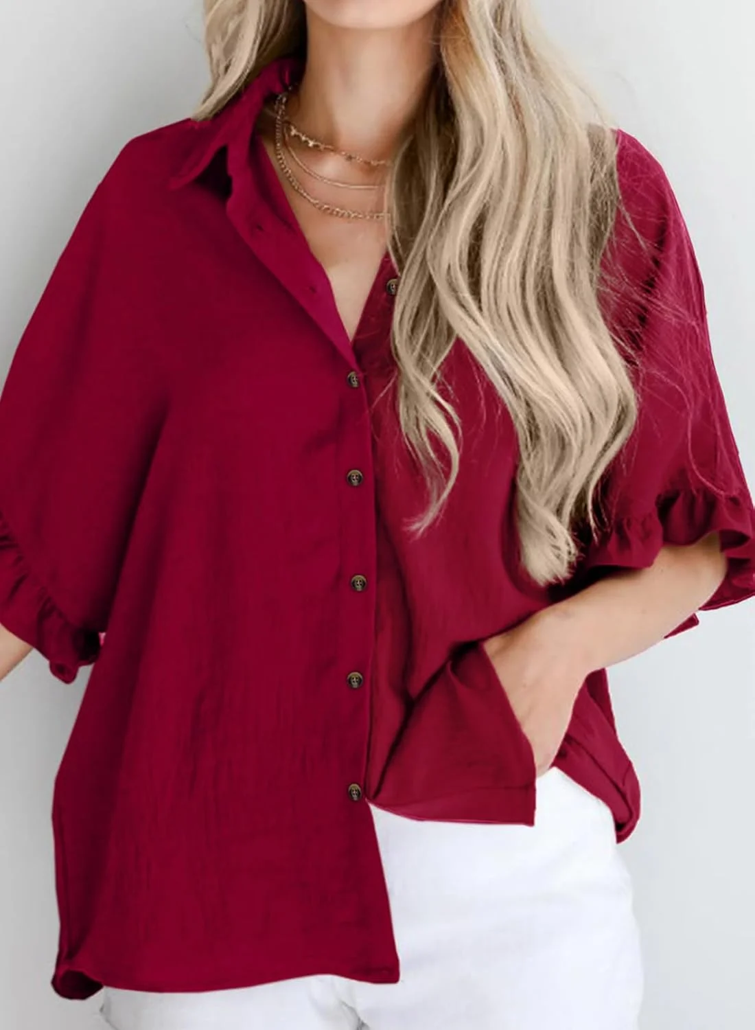 Astylish پیراهن دکمه دار زنانه آستین کوتاه چین دار یقه هفت، بلوز مجلسی، زرشکی، S