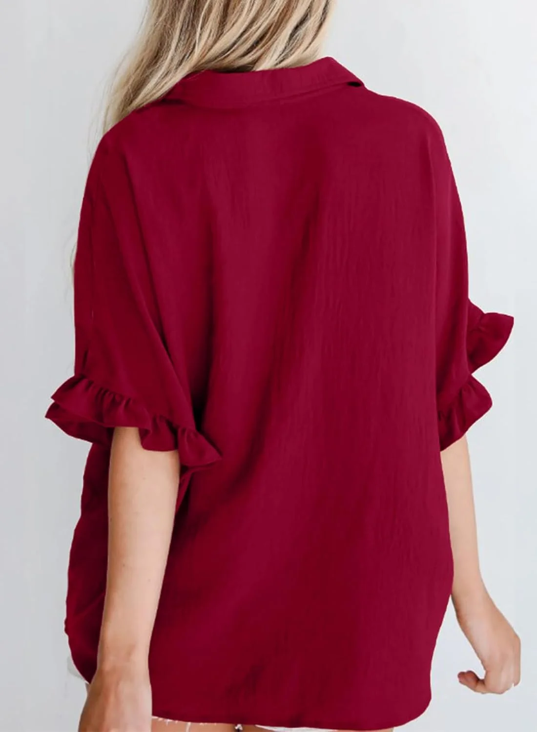 Astylish پیراهن دکمه دار زنانه آستین کوتاه چین دار یقه هفت، بلوز مجلسی، زرشکی، S