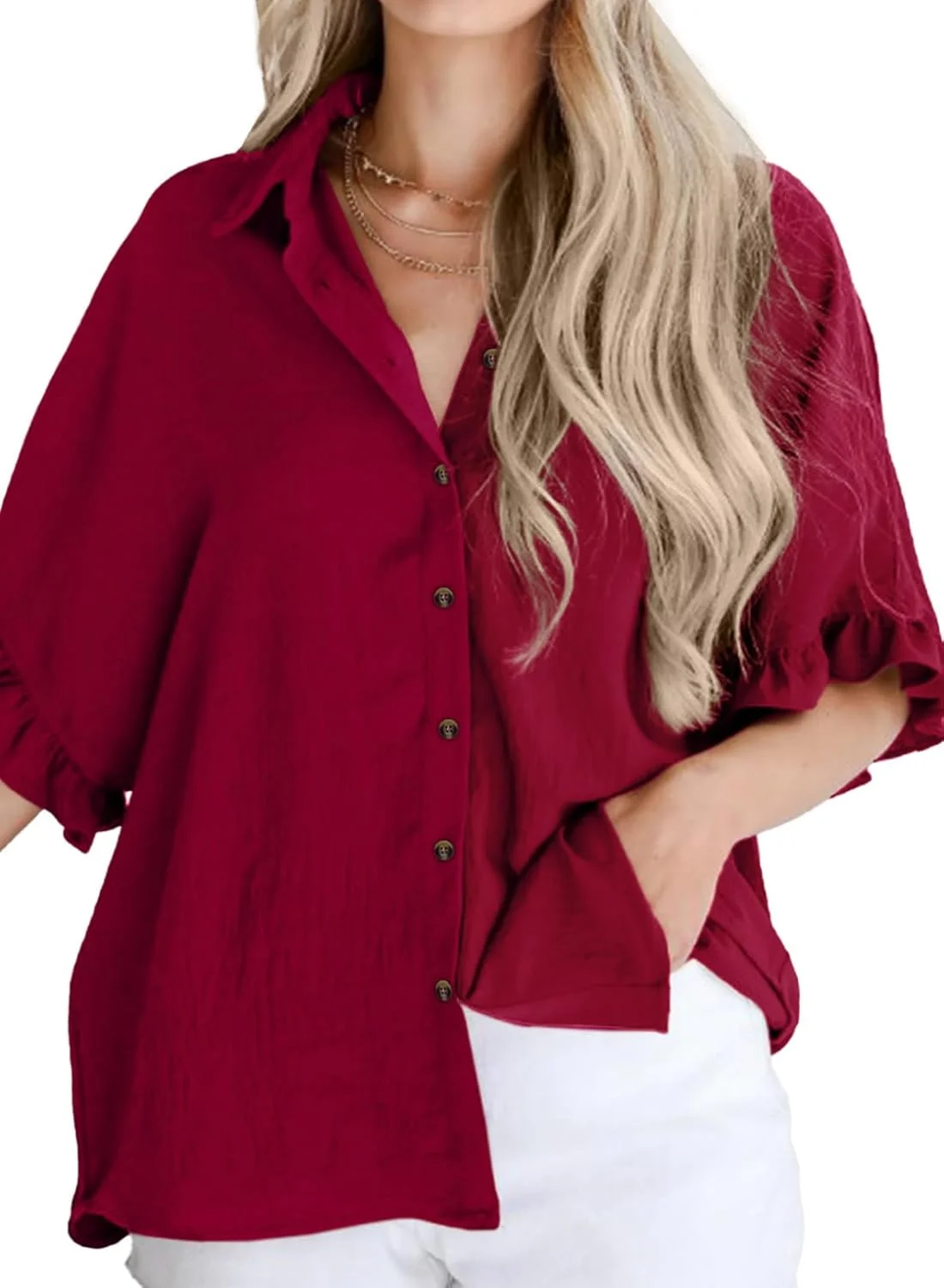 Astylish بلوز زنانه دکمه دار آستین کوتاه چین دار یقه هفت، زرشکی، سایز ایکس لارج