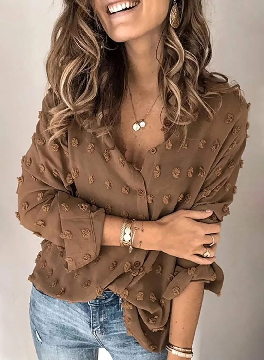 Astylish بلوز زنانه یقه هفت آستین قابل جمع شدن دکمه دار