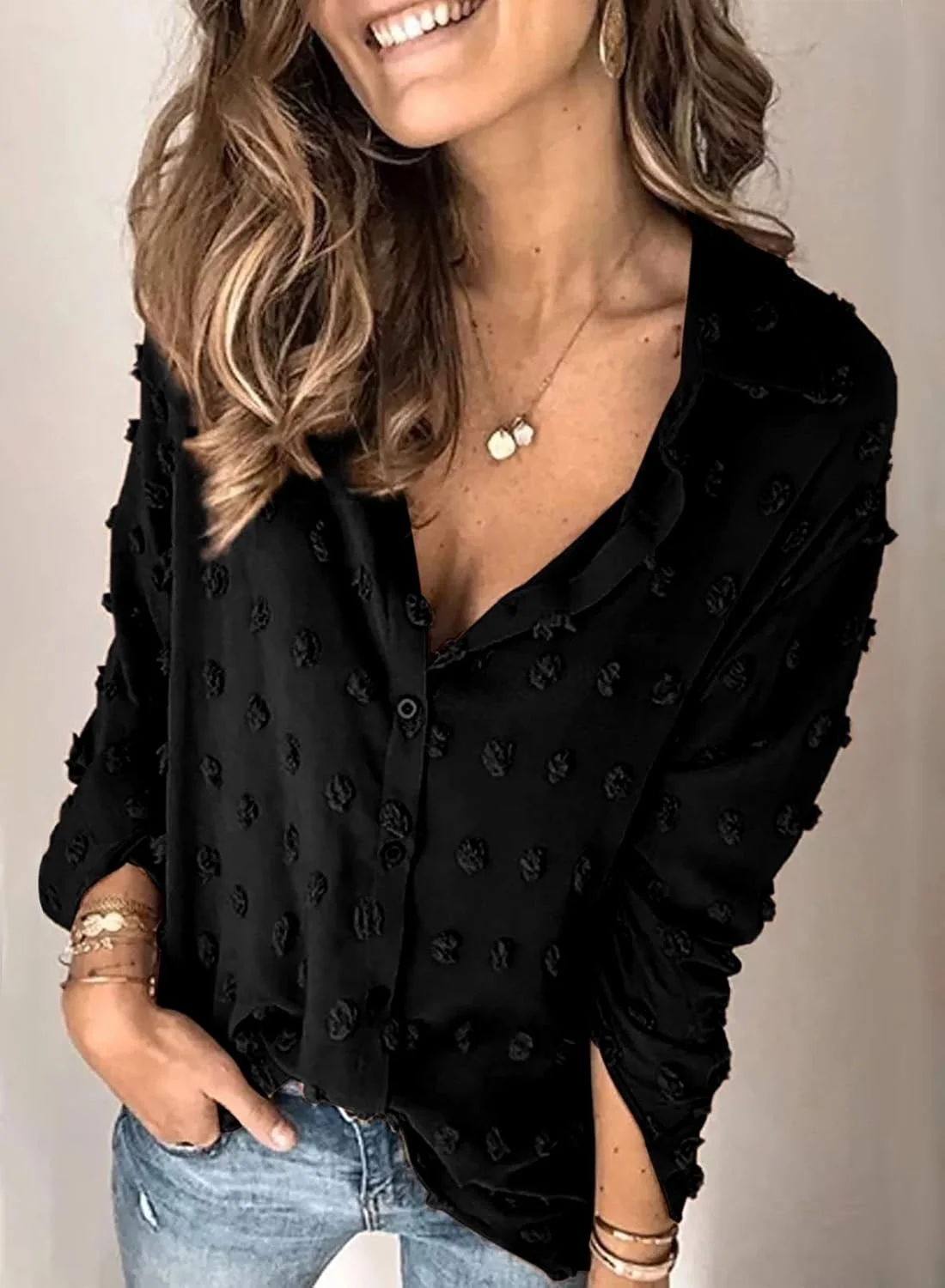 Astylish بلوز زنانه دکمه دار پوم پوم، تاپ های غیر رسمی، مشکی، L