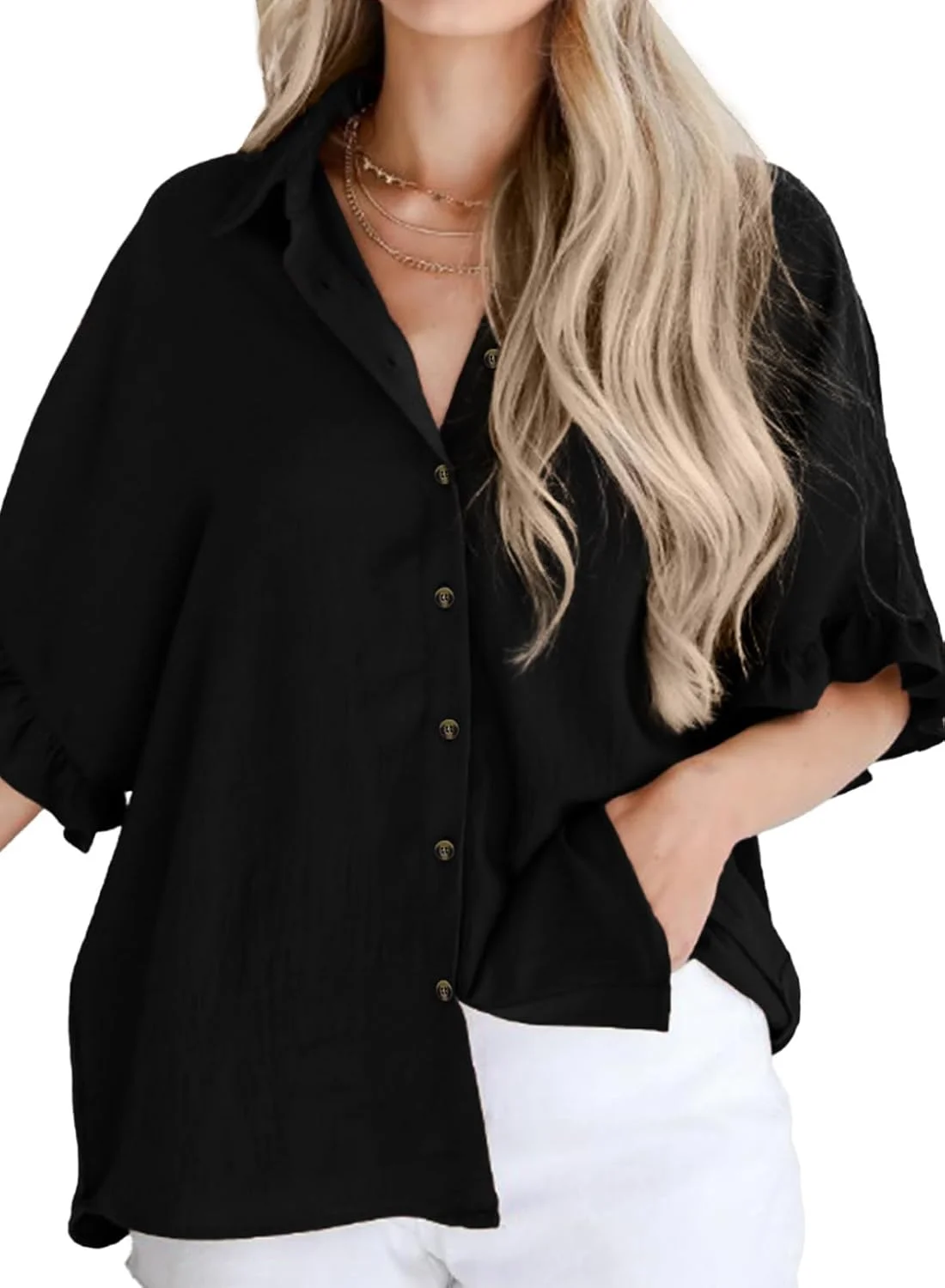 Astylish بلوز زنانه دکمه دار آستین کوتاه چین دار یقه هفت، مشکی، XXL