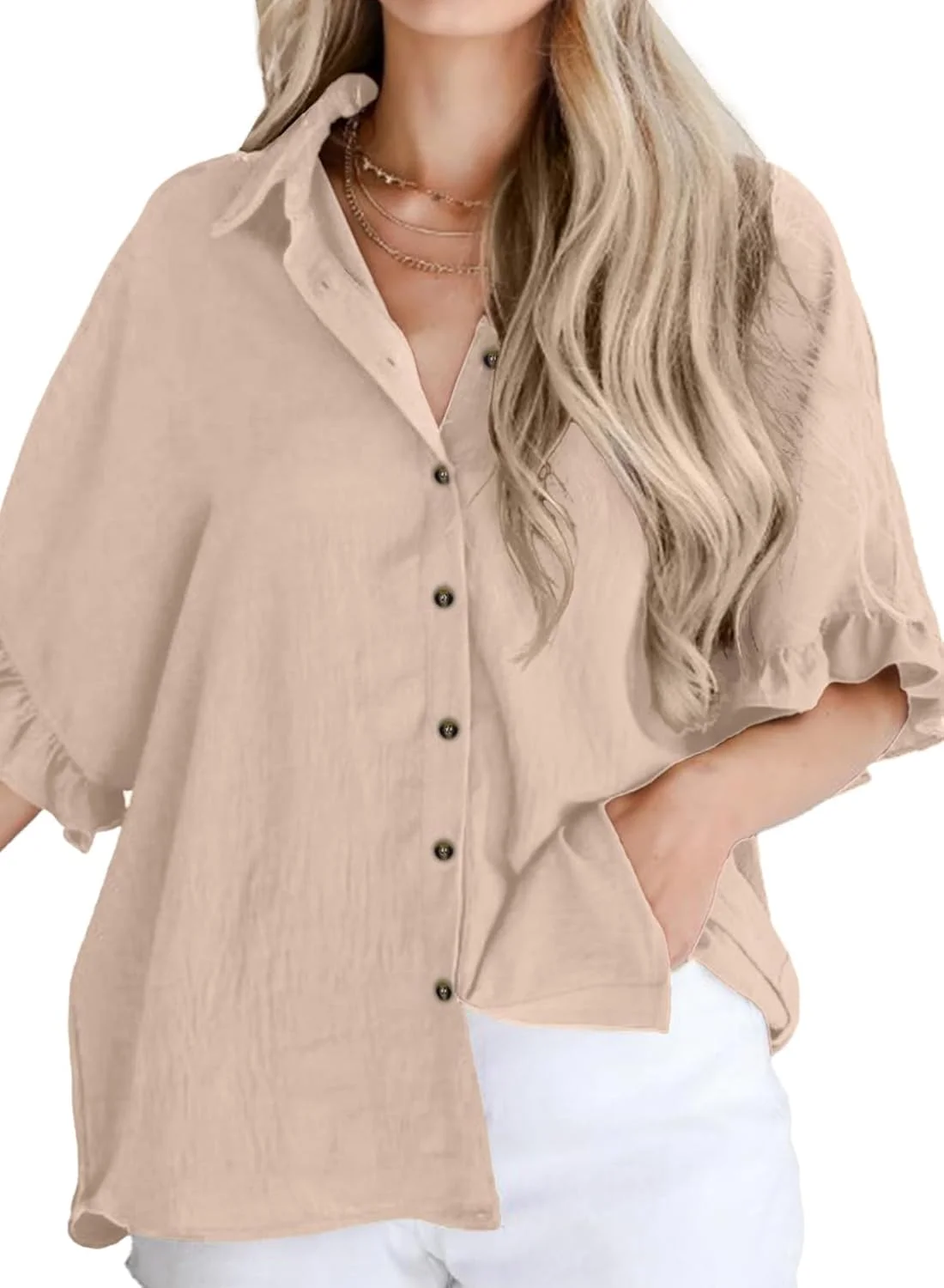 Astylish بلوز زنانه دکمه دار آستین کوتاه چین دار یقه هفت، بژ، L Astylish بلوز زنانه دکمه دار آستین کوتاه چین دار یقه هفت، بژ، L