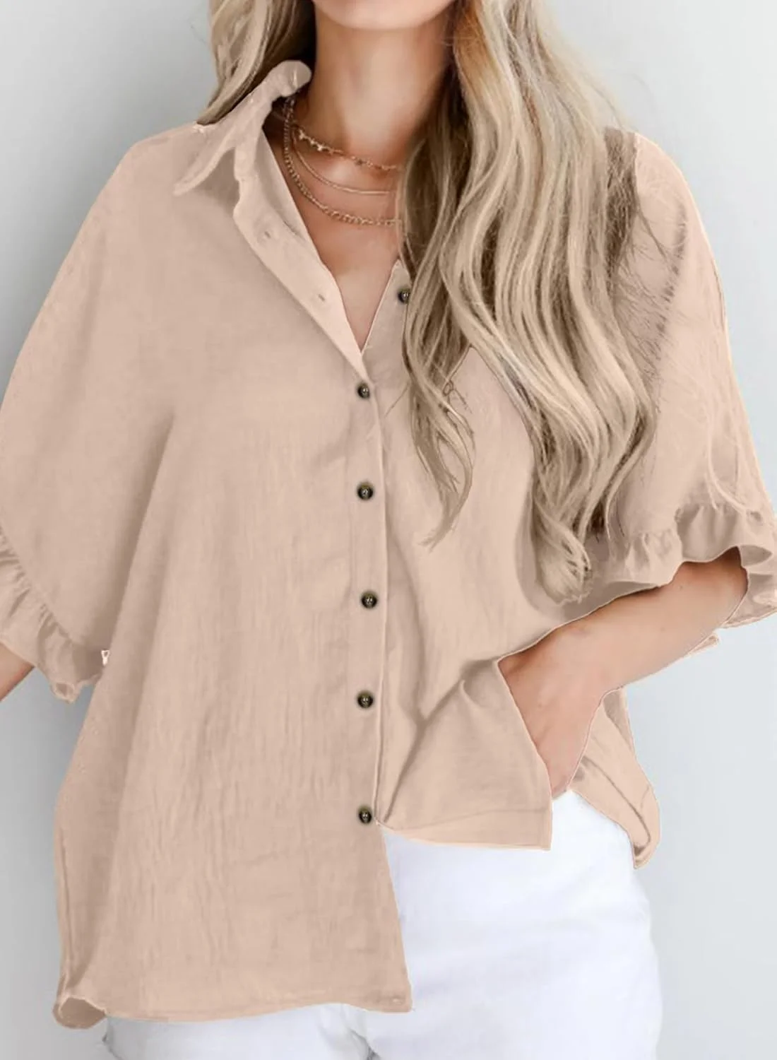 Astylish بلوز زنانه دکمه دار آستین کوتاه چین دار یقه هفت، بژ، L Astylish بلوز زنانه دکمه دار آستین کوتاه چین دار یقه هفت، بژ، L