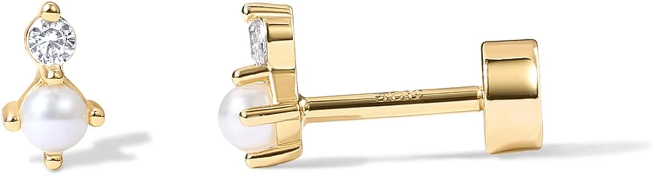 گوشواره های میخی پشت صاف زنانه پاوی با روکش طلای 14 عیار و پایه نقره استرلینگ 925 با زیرکونیای مکعبی | گوشواره غضروفی | پیرسینگ هلیکس | گوشواره های کوچک | طرح های ترینیتی، مروارید، مارکیز، اوپال